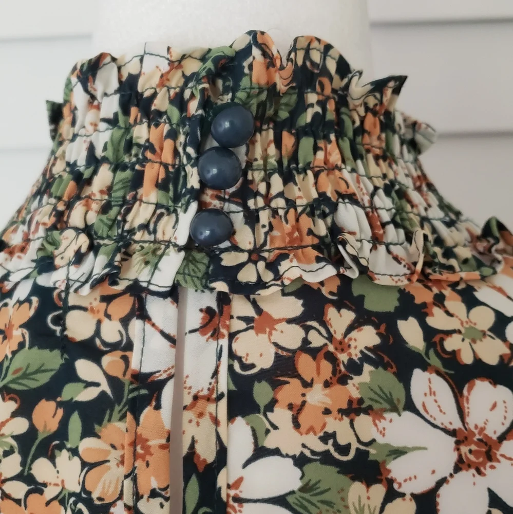 Allegra K Floral 3/4 Bell Sleeves Smocked Belted Flare Ruffle Dress Size S - Picture 8 of 16